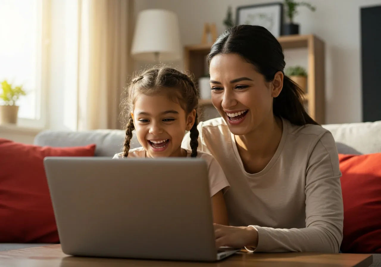 Mother and daughter watching cartoons on a laptop.
